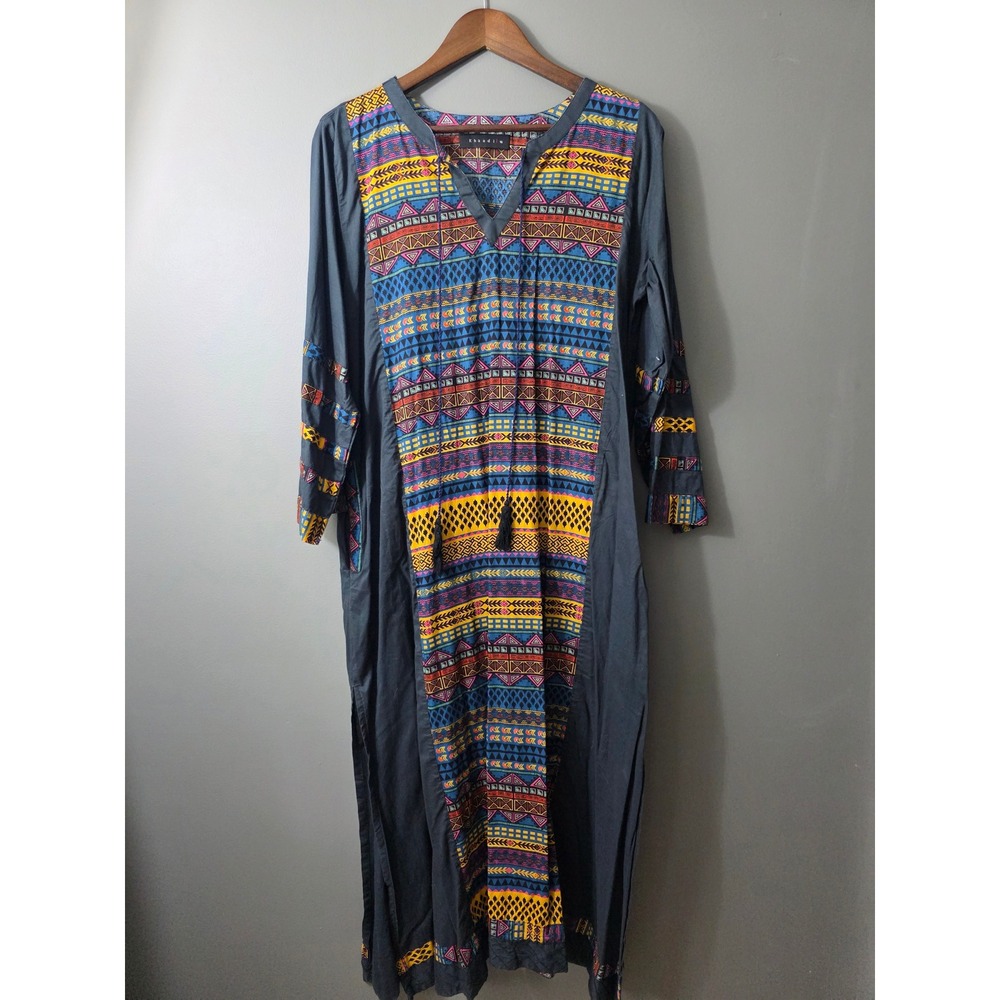 Khaadi Grey Geometric Tribal Print Kurta Tunic Dress Tassel V-Neck Size 16